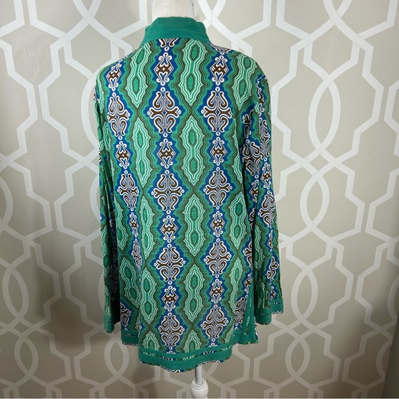 Tory Burch Tory Tunic Top 14 Green Print Ribbon Trim Cotton Long Sleeve Euc - Picture 5 of 10